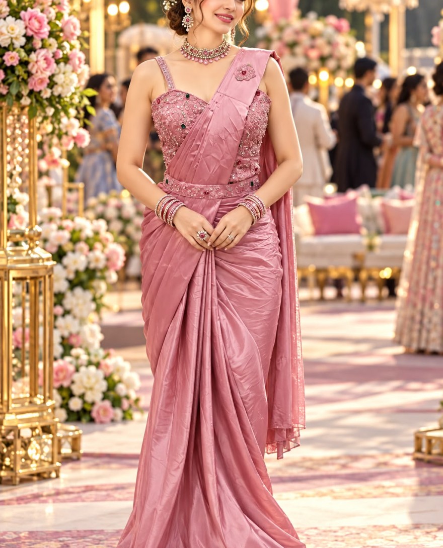 PINK - Pink Satin Contemporary Saree with Beads and Embroidered Work